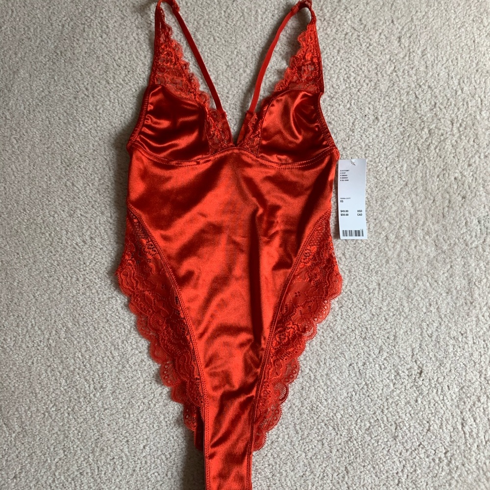 UO red satin lace trimmed teddy bodysuit